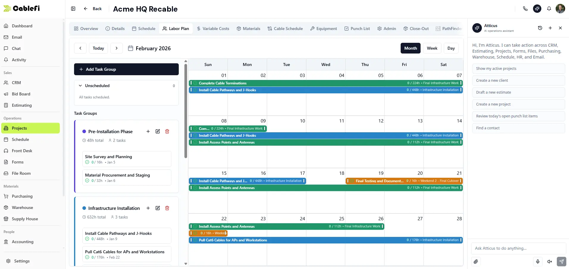 Project labor plan in CableFi: task groups for pre-installation and infrastructure work with hours and task counts, and a February month calendar of crew tasks such as cable pathways, terminations, access point installs and final testing, each bar showing its hours and group.
