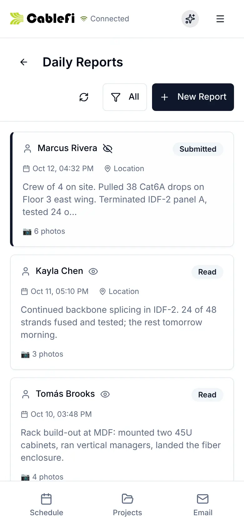 The CableFi field app's daily reports on a phone: each crew lead's report with the time, a location pin, what got done and the photo count, unread reports marked.