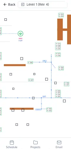 A floor plan in the CableFi field app: the sheet and its revision, numbered drops and an access point on the plan, the pathways between them, and the bottom navigation.