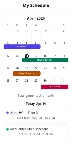The CableFi field app's My Schedule on a phone: an April month calendar with each job's assignments in its own colour, and today's jobs with the tech's role and hours.