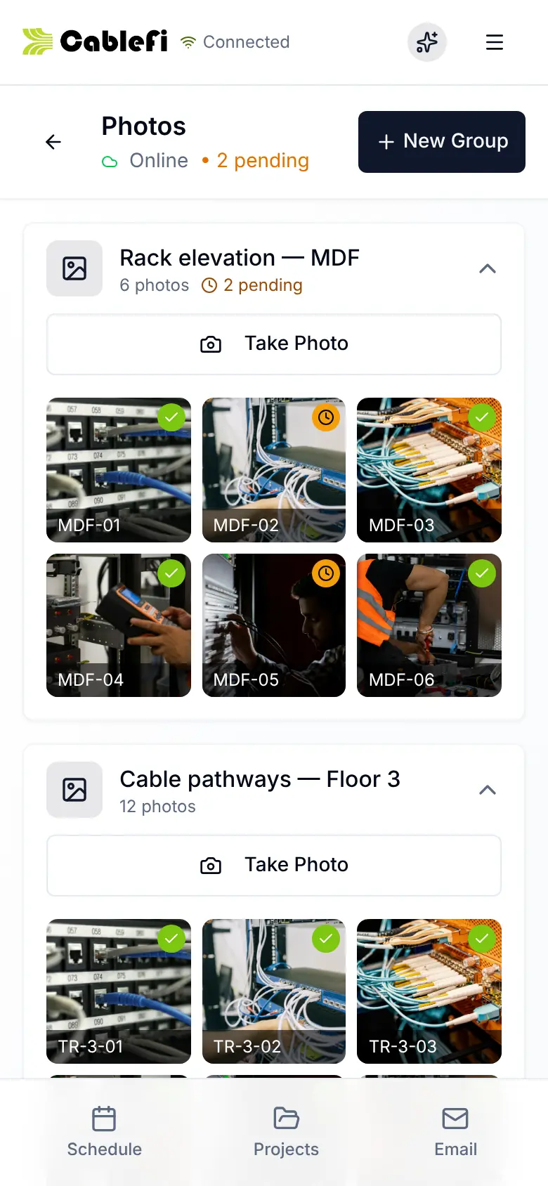 The CableFi field app's photo groups on a phone: a rack elevation group with six named photos, two of them waiting to upload, and a cable pathways group, each with a Take Photo button.