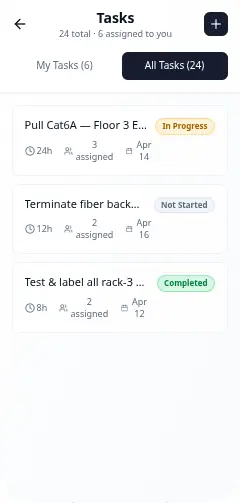 The CableFi field app's task list on a phone: my tasks and all tasks, each with hours, the number of people assigned, a date and its status.