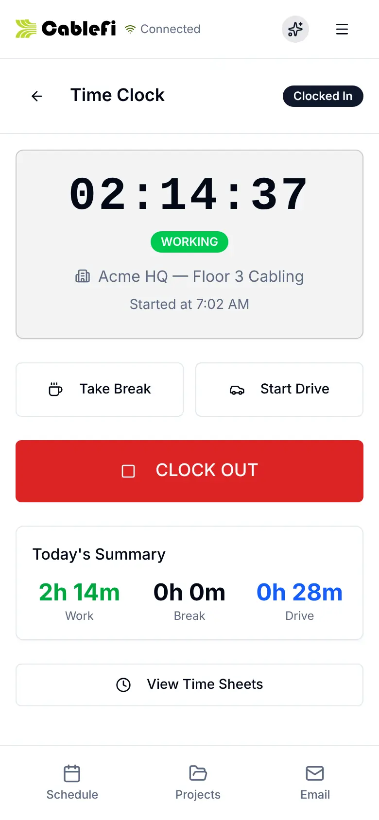 The CableFi field app's time clock on a phone: a tech clocked in to the job, the running timer marked Working since 7:02 AM, Take Break and Start Drive buttons, Clock Out, and today's work, break and drive totals.