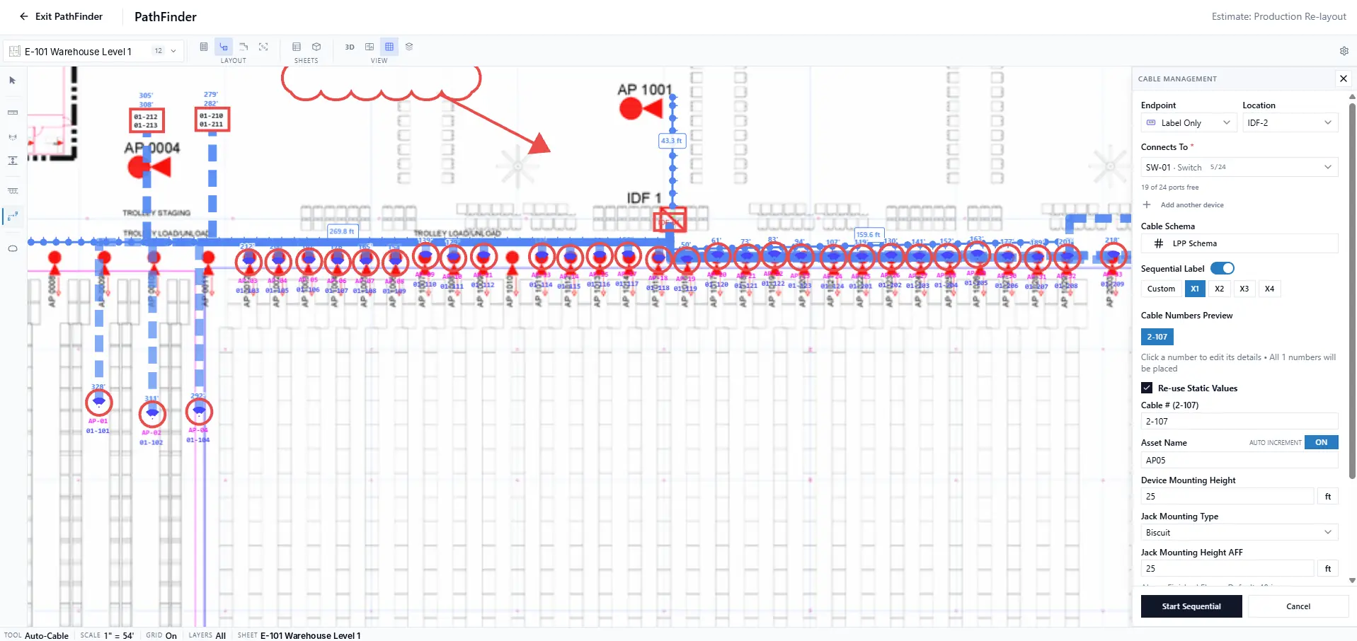 PathFinder on a warehouse floor plan: access points placed along the racking, each drop numbered, cable runs routed back to IDF 1 with a length on each run, a revision cloud, and the Cable Management panel setting the endpoint, IDF, switch port, cable schema and sequential labels for the next drop.