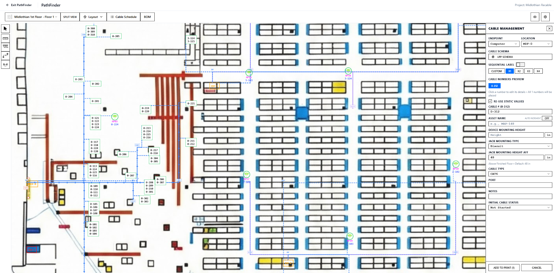 CableFi PathFinder — floor plan with cable routing and cable management panel