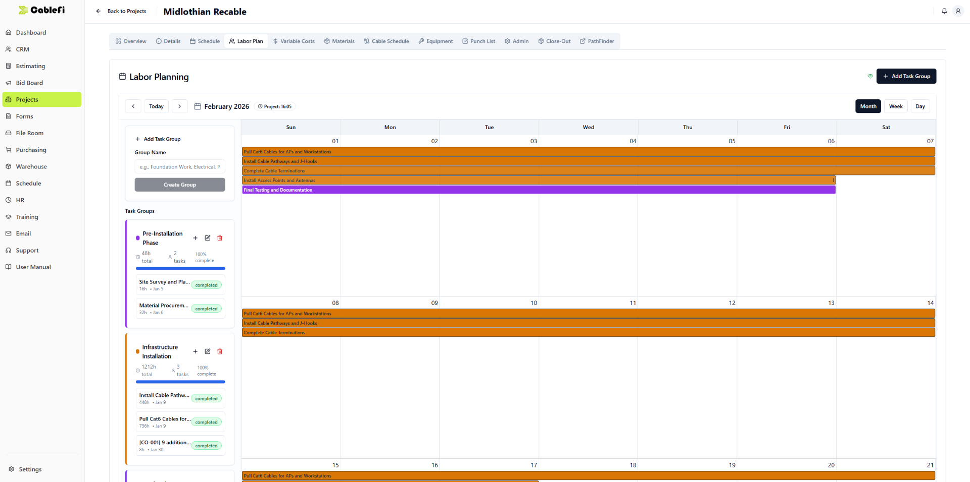 CableFi Labor Planning — task groups and month calendar view