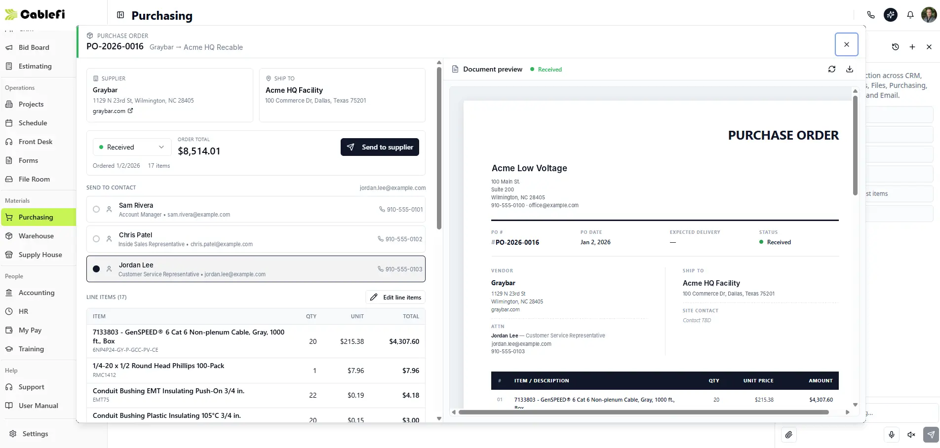 A CableFi purchase order to Graybar: supplier and ship-to, received status and order total, the contact it goes to, line items with quantities and prices, and the PO document preview ready to send.