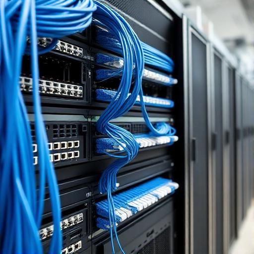 Server rack with blue patch cables
