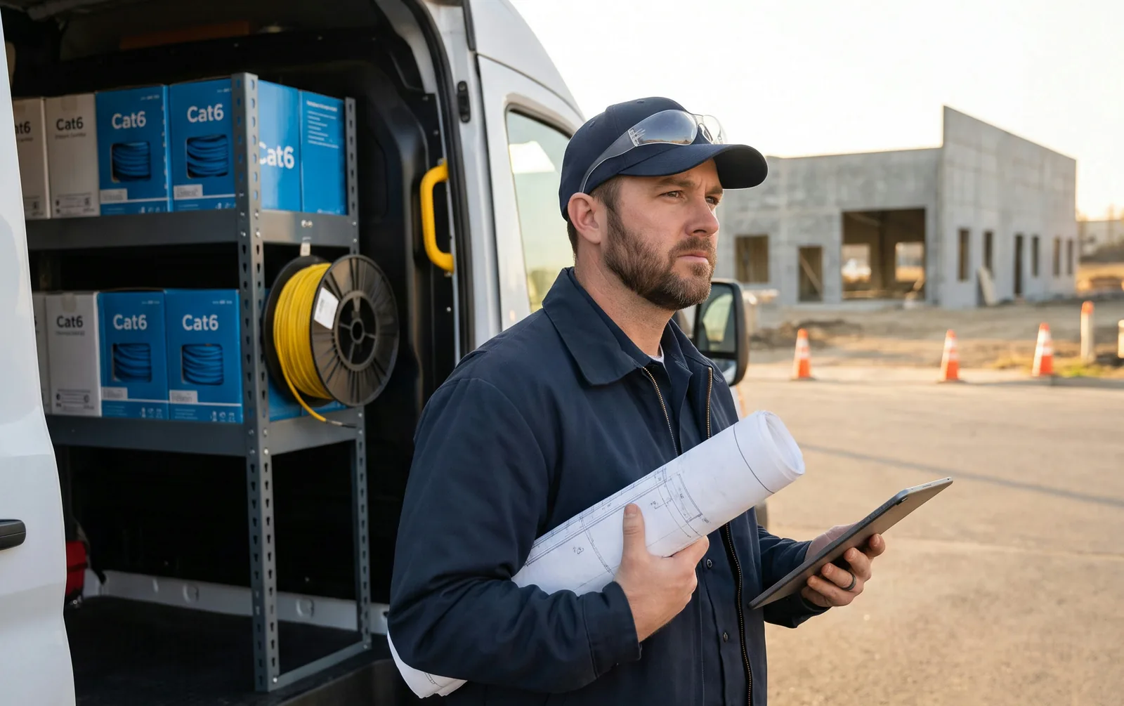 A cabling technician at the open rear of a stocked work van, holding rolled plans and a tablet