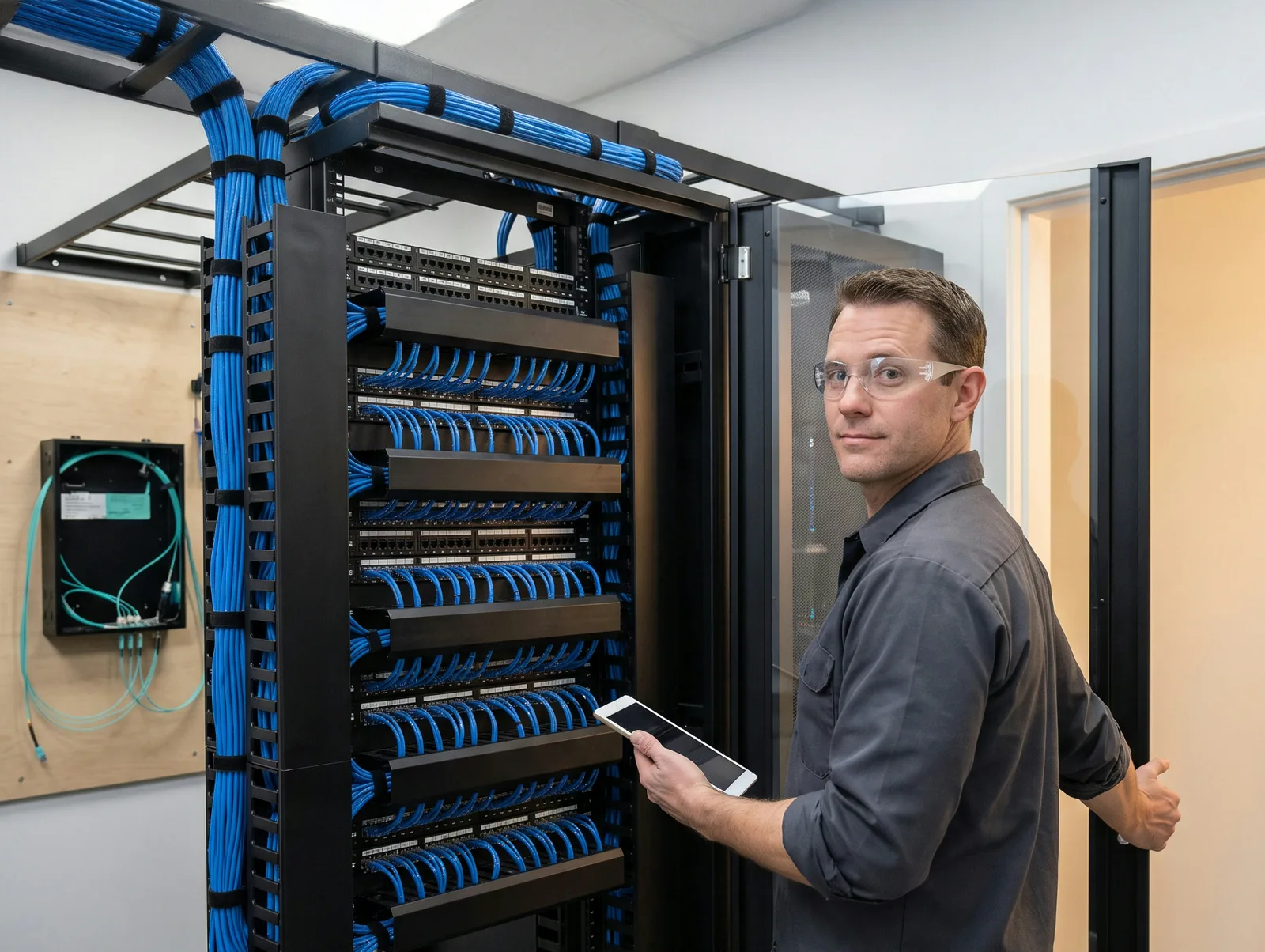 A technician with a tablet beside a dressed network rack
