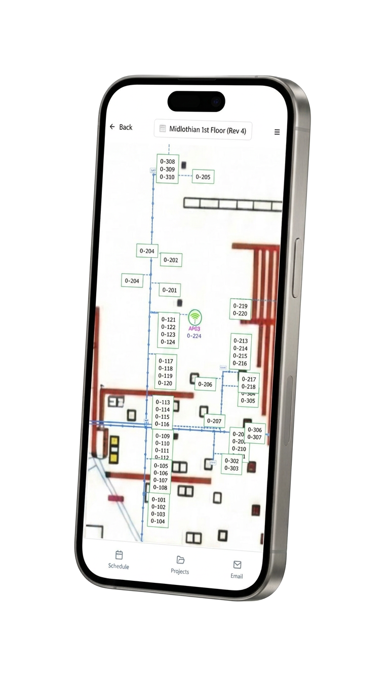 CableFi mobile app displaying an offline floor plan with cable drop labels